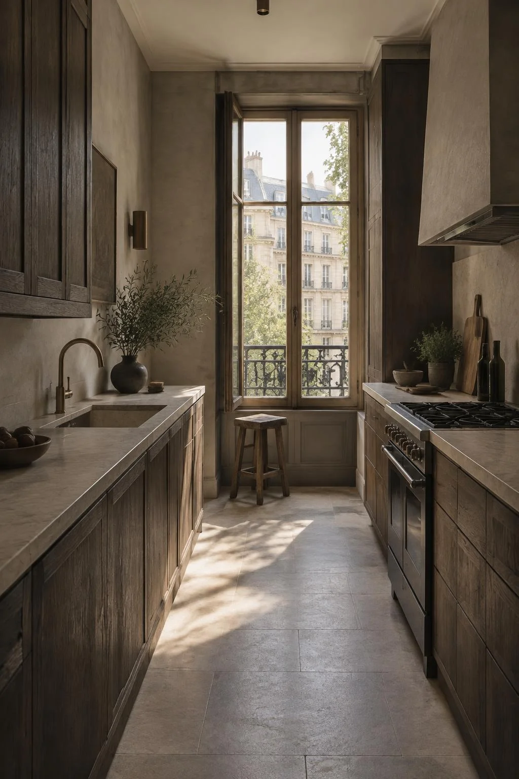 Étude conceptuelle d’une cuisine parallèle avec fenêtre en fond de perspective