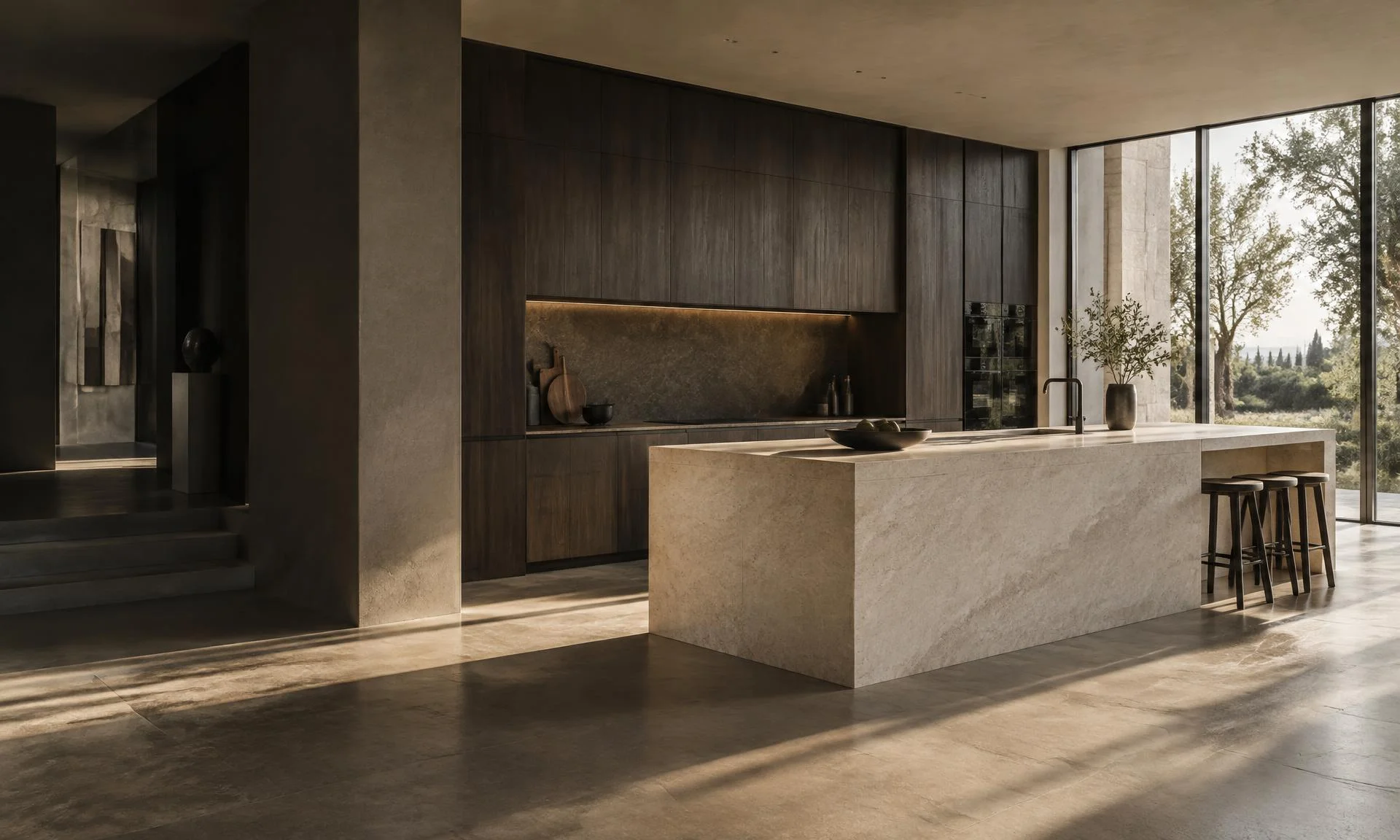 Cuisine conceptuelle en chêne sombre avec îlot sculptural en pierre naturelle